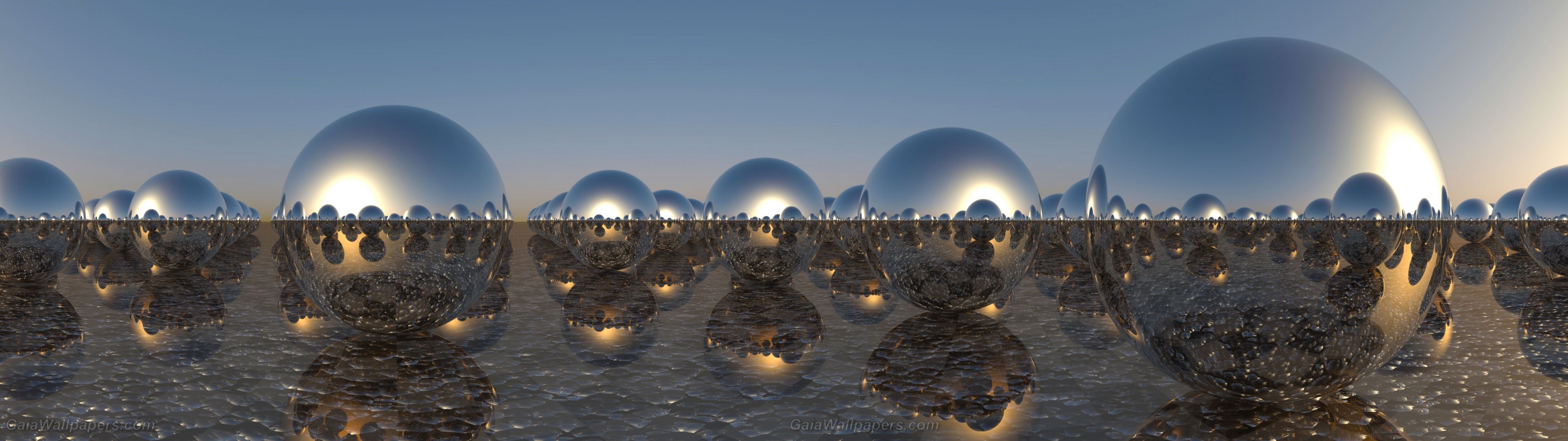 Lever de soleil dans un monde de sphères chromées - Fonds d'écran gratuits