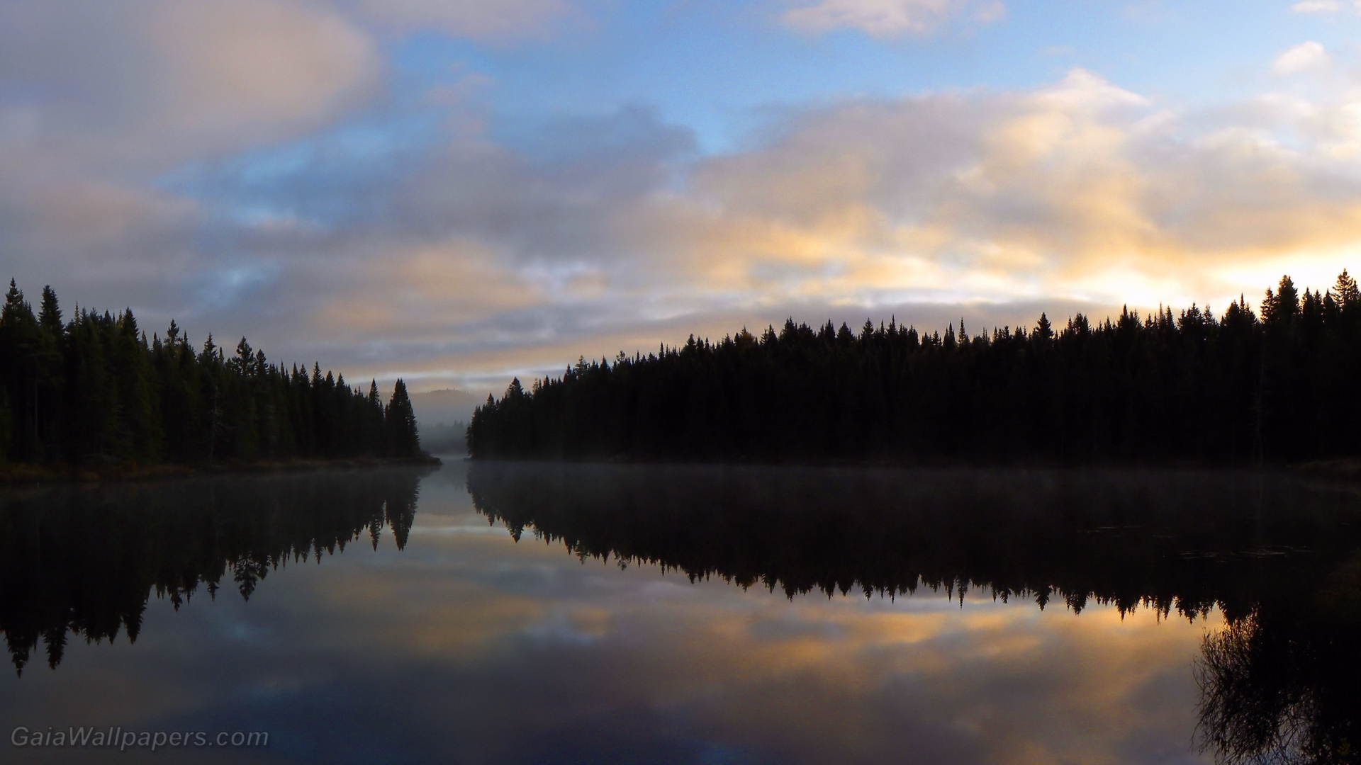 Lever du soleil dans la forêt se refletant sur un lac calme - Fonds d'écran gratuits