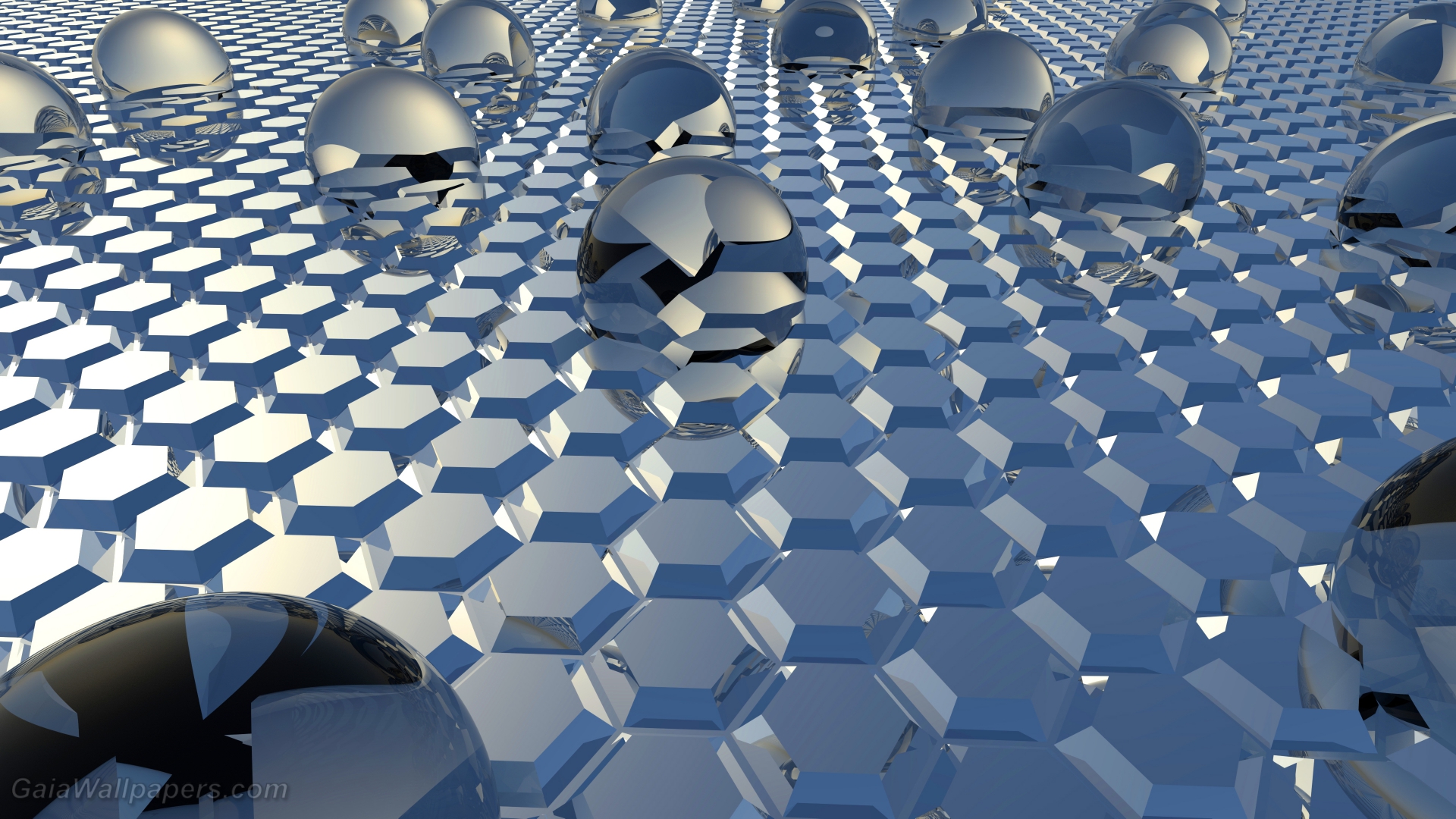 Glass spheres emerging from the hexagonal mirror - Free desktop wallpapers