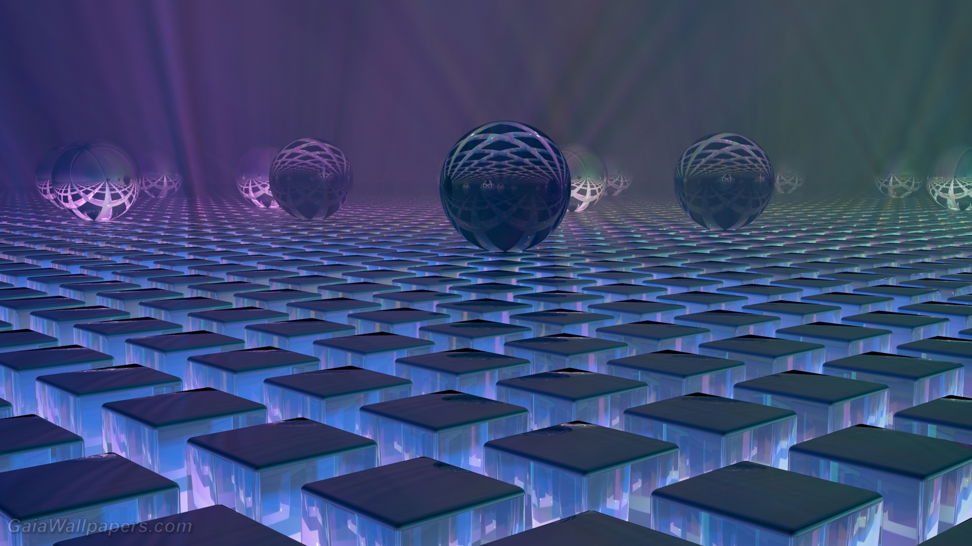 Sphères de verre et miroir sur le sol cubique brumeux - Fonds d'écran gratuits
