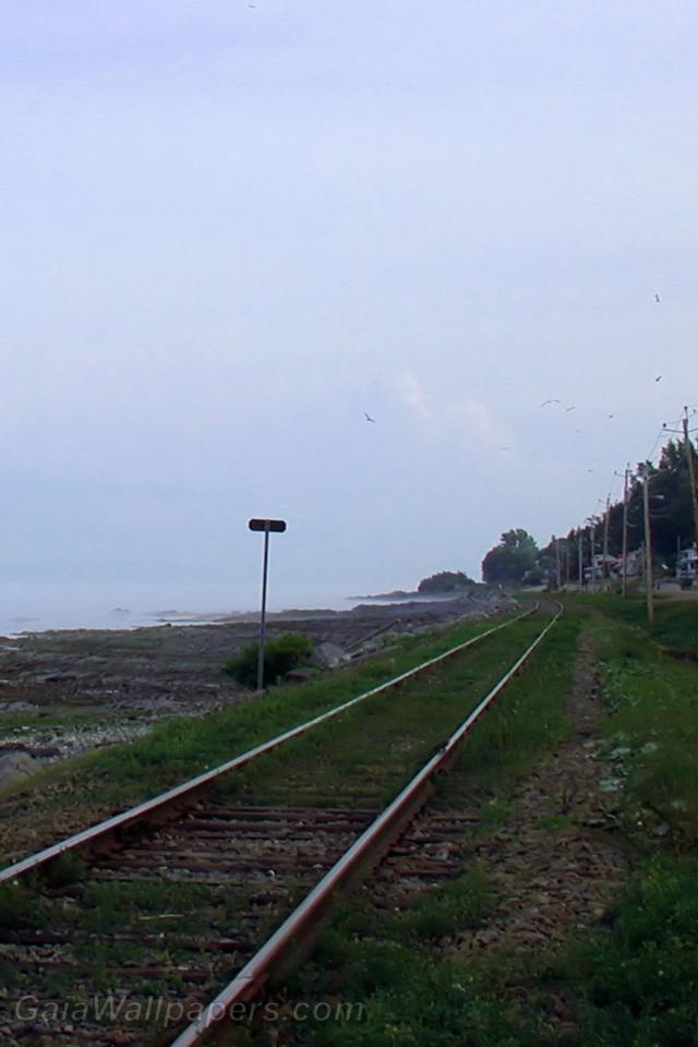 Chemin de fer près du fleuve St-Laurent brumeux - Fonds d'écran gratuits