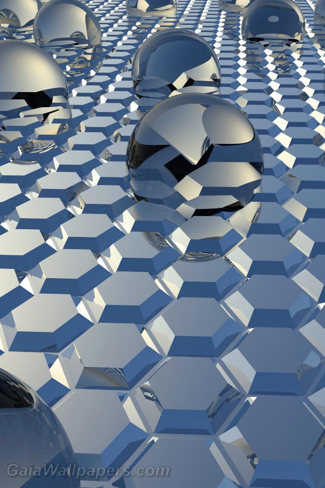 Glass spheres emerging from the hexagonal mirror - Free desktop wallpapers