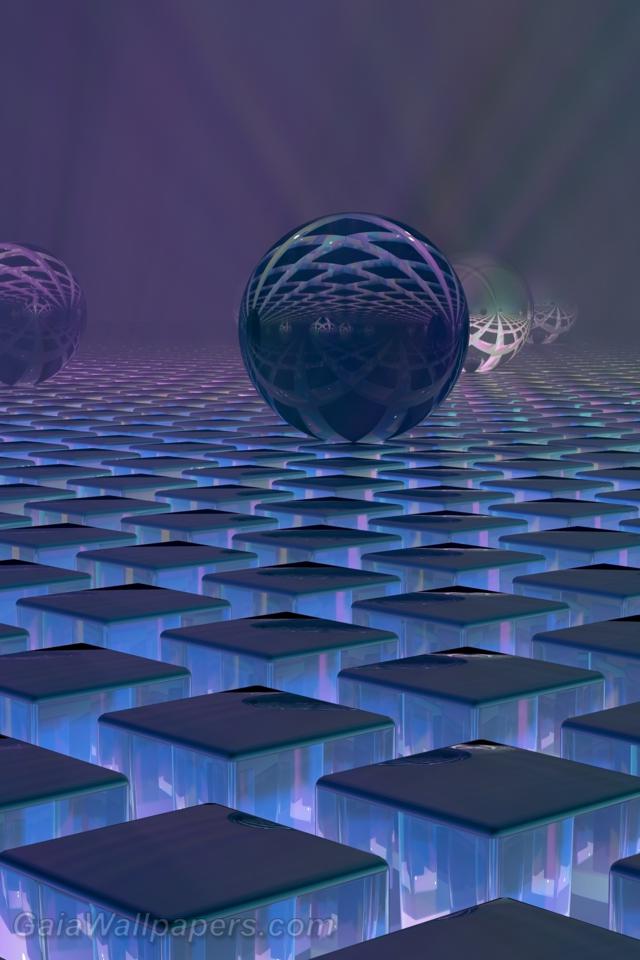 Glass and mirror spheres on the misty cubic floor - Free desktop wallpapers
