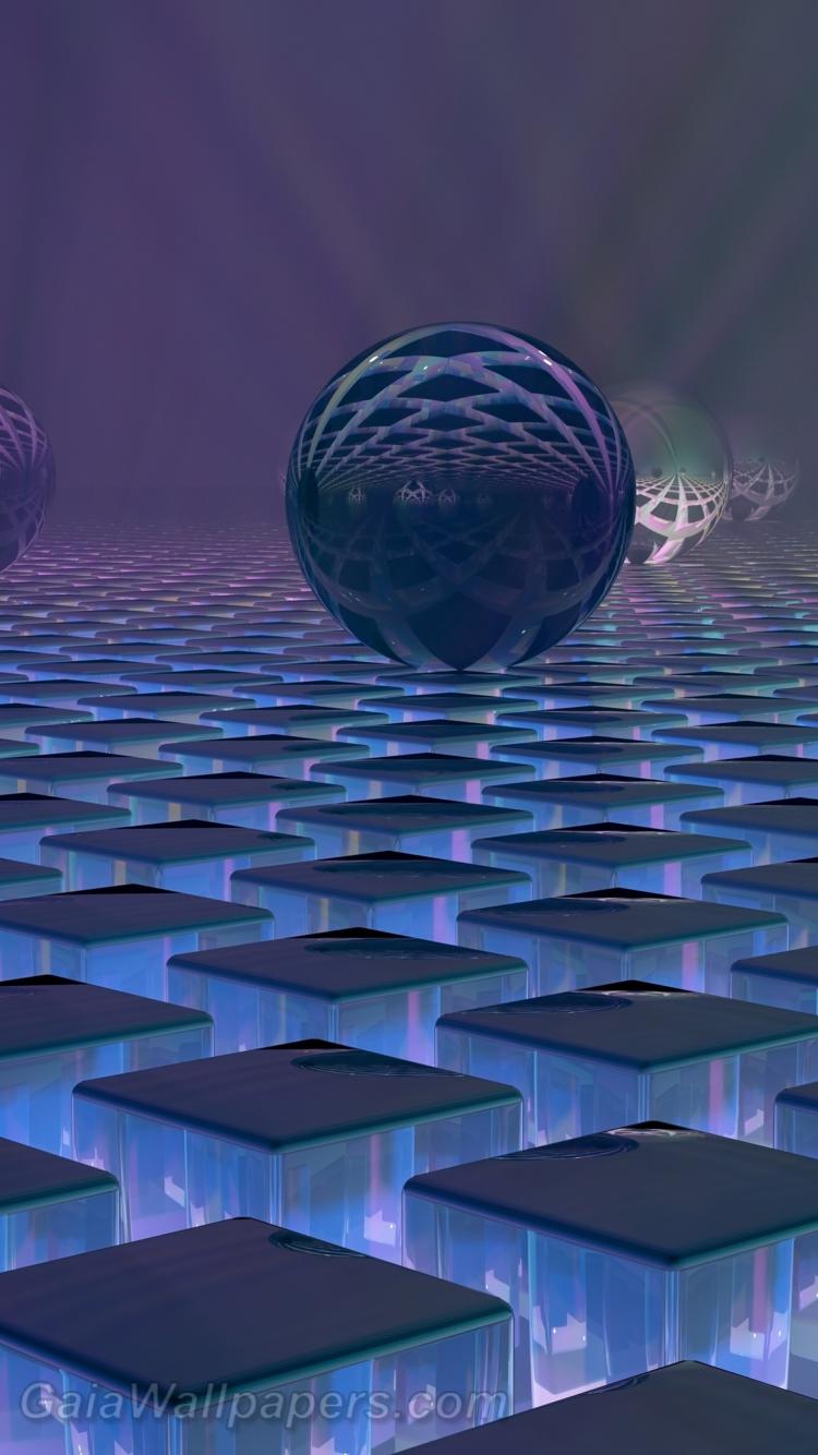 Glass and mirror spheres on the misty cubic floor - Free desktop wallpapers